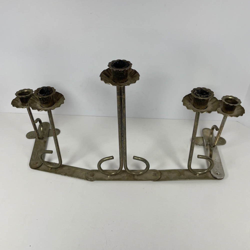 MCM Large 5 Candle Holder Candlestick Accordion Folding Style Gold Tone Metal - Picture 4 of 6